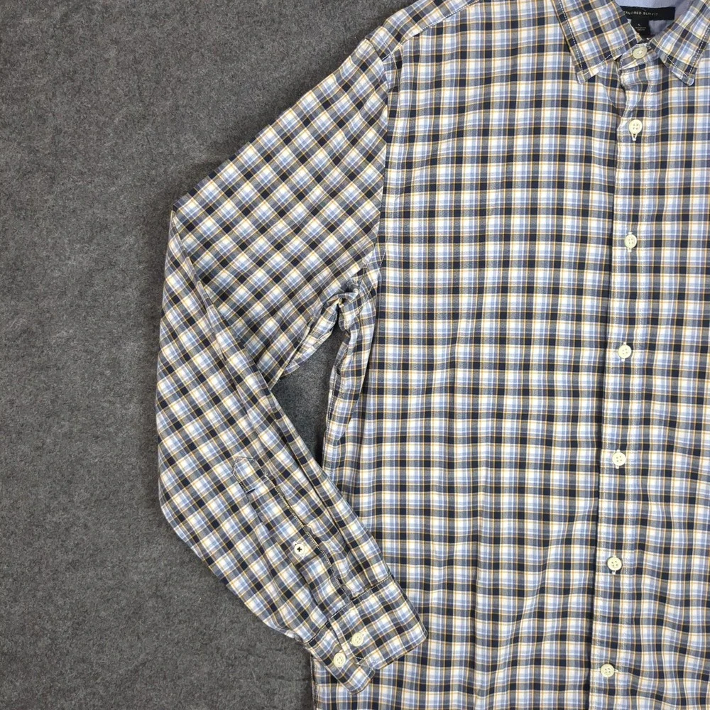 Banana Republic Custom Wash Shirt Mens Large Tailored Slim Fit Plaid Blue L
